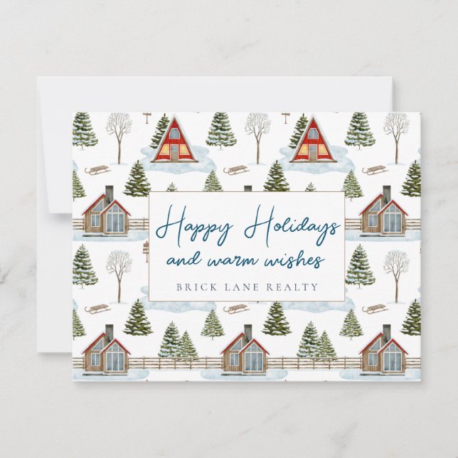 Business Cosy Winter Houses Happy Holidays  Holiday Card (Front)