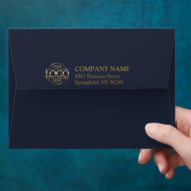Business Custom Logo Gold Navy Blue Return Address Envelope (Hand)