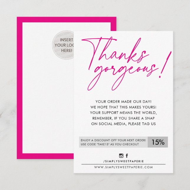 BUSINESS DISCOUNT modern ball pen hot pink Thank You Card (Front/Back)