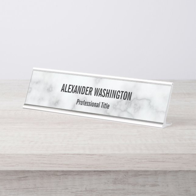 Business Elegant Faux White Marble Name Job Title Desk Name Plate (Front)