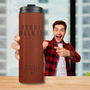Business Embossed Brown Vegan Leather Thermal Tumbler