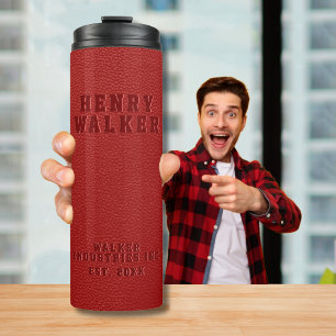 Business Embossed Red Vegan Leather Thermal Tumbler