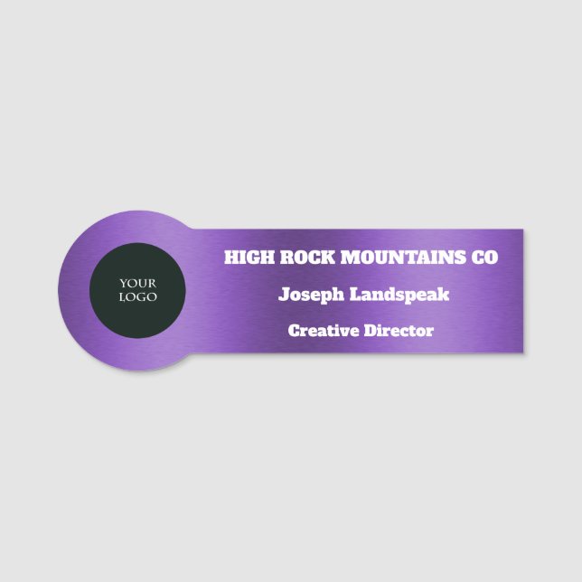Business Employee Logo Brushed Purple Metal Name Tag (Front)