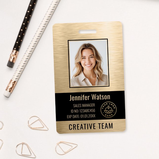 Business Employee Photo Faux Brushed Gold Black ID Badge (Creator Uploaded)