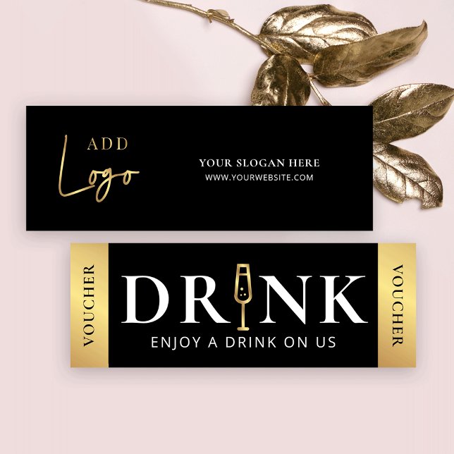 Business Event Black & Gold Logo Drink Voucher Mini Business Card (Luxurious black and gold drink voucher cards with space for your logo and custom text)