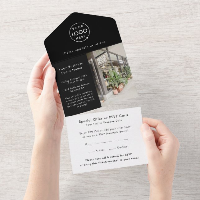 Business Event | Black Modern Minimalist Photo All In One Invitation (Tearaway)