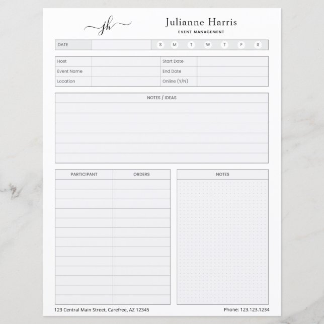 Business Event Planning Worksheet (Front)