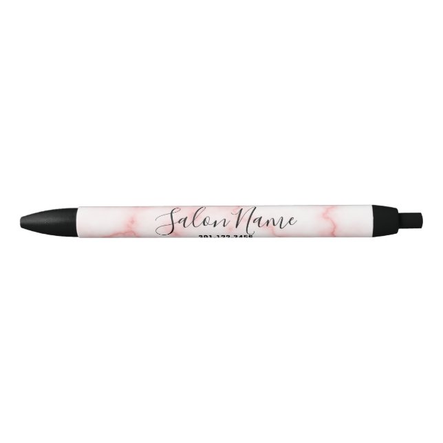 Business Faux Pink Marble Salon Name Phone Number Black Ink Pen (Front)