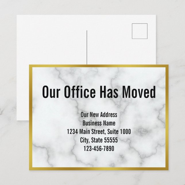 Business Faux White Marble Our Office Has Moved Announcement Postcard (Front/Back)