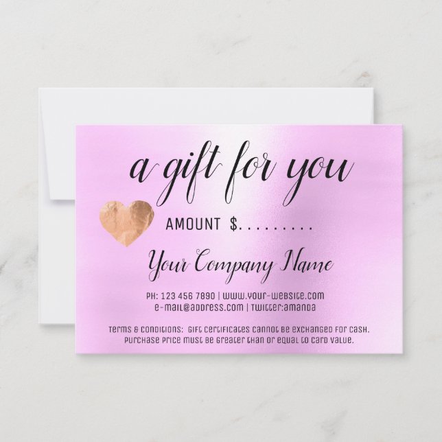 Business Gift Certificate Pink Cooper Heart (Front)