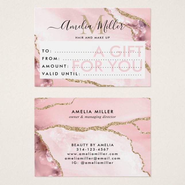 Business Gift Certificate Pink Gold Glitter Agate (Front & Back)