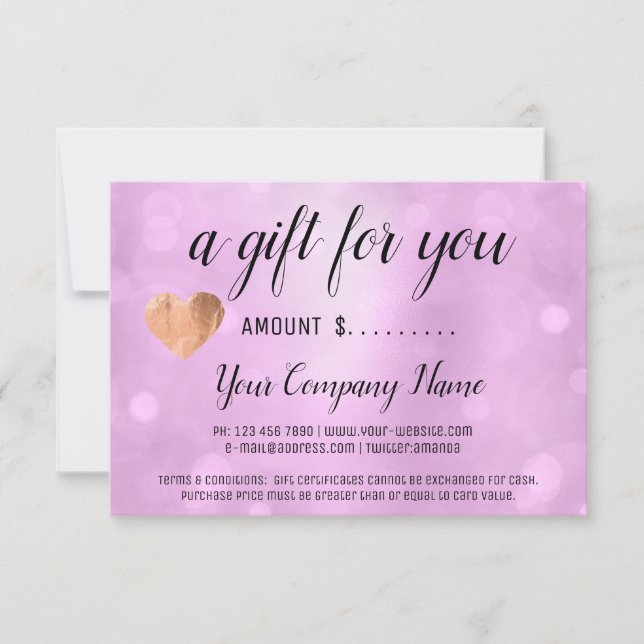 Business Gift Certificate Pink Rose Heart (Front)