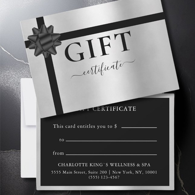 BUSINESS GIFT CERTIFICATE SILVER | Modern | Ribbon (BUSINESS GIFT CERTIFICATE | modern, minimal, ribbon. Black & Silver.)