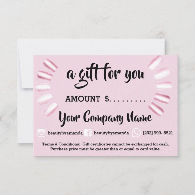 Business Gift Certificate Simply Social Nails Pink (Front)
