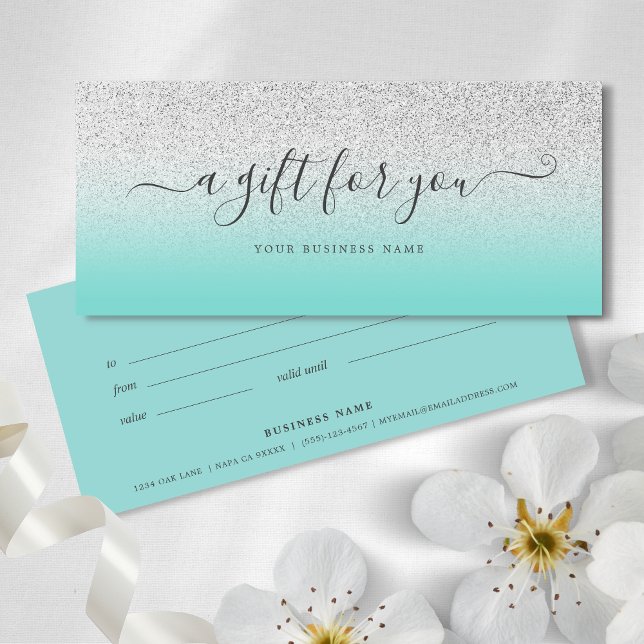 Business Gift Certificate Teal Silver Glitter (Teal Blue Glitter Gift Certificate)