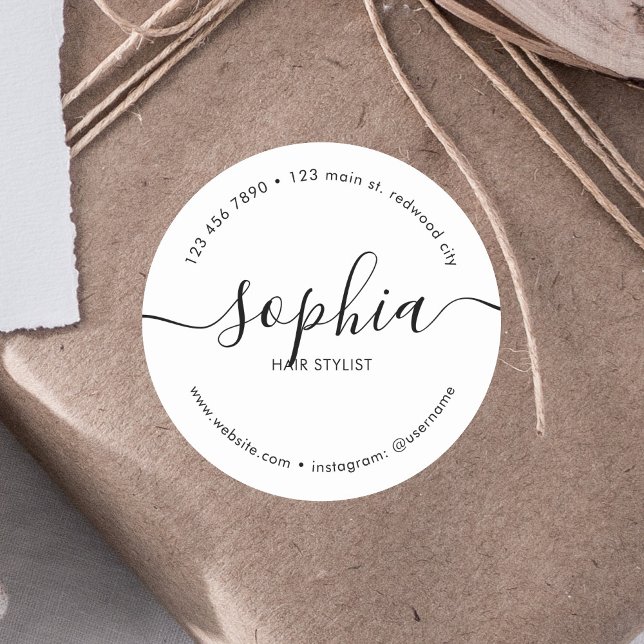 Business Girly Calligraphy White Classic Round Sticker (Creator Uploaded)