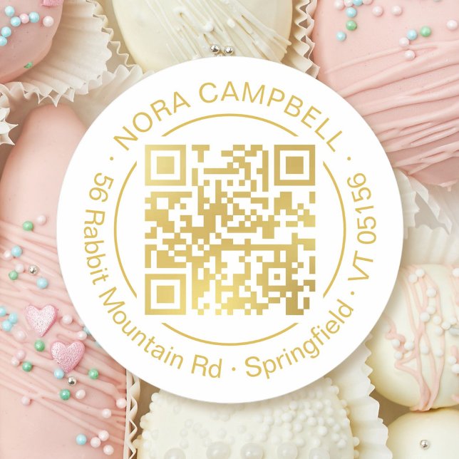 Business Gold QR Code Name Address Promotional Classic Round Sticker (Modern, professional gold QR code, elegant circle frame and business name and address round sticker.)