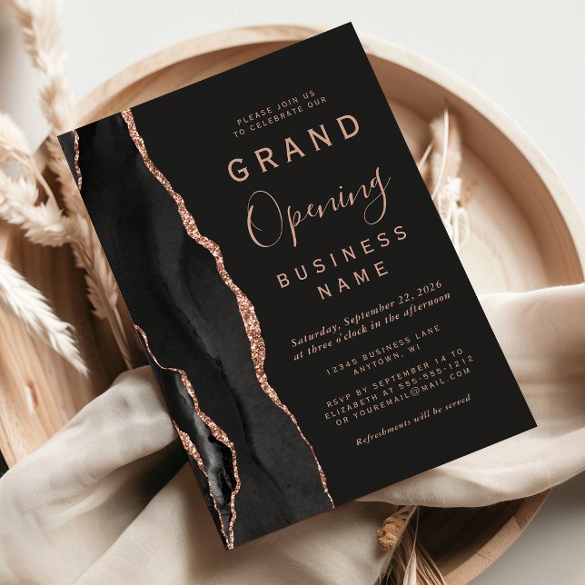 Business Grand Opening Black Rose Gold Agate Dark Invitation (Creator Uploaded)