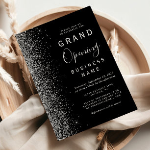Business Grand Opening Black Silver Glitter Invitation