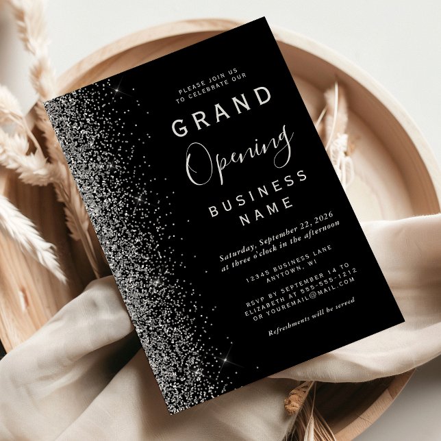 Business Grand Opening Black Silver Glitter Invitation (Creator Uploaded)