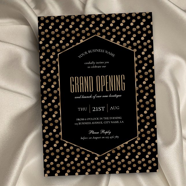 Business Grand Opening Chic Black & Gold Glitter Invitation (Black and gold glitter business invitation with elegant fonts, minimal layout and faux gold effects)