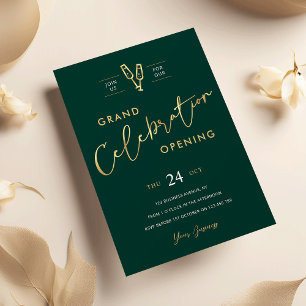 Business Grand Opening Chic Emerald Green & Gold Invitation