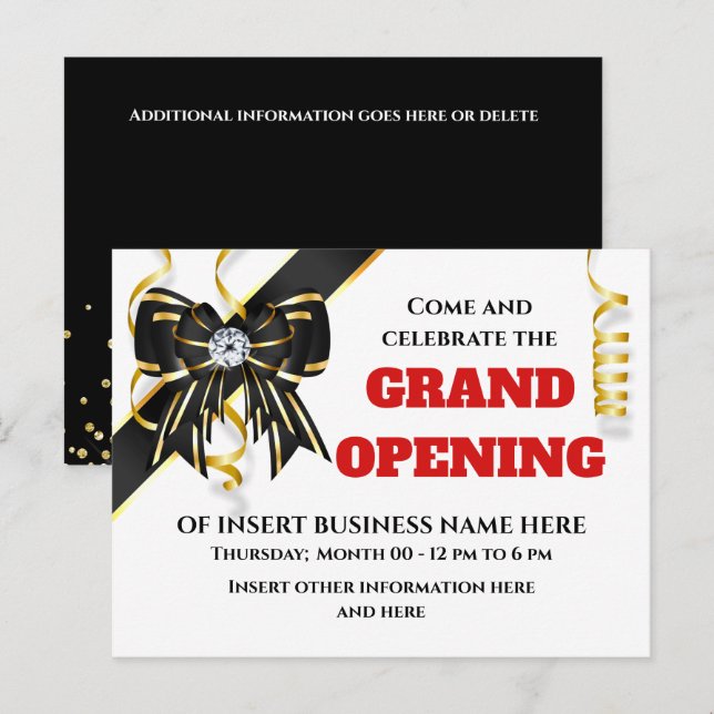 Business grand opening gold black red bow ribbon   announcement postcard (Front/Back)