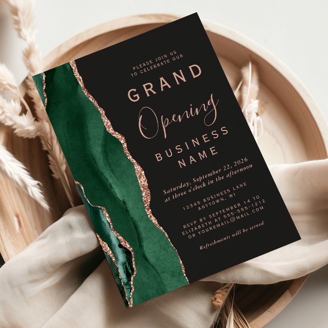 Business Grand Opening Green Rose Gold Agate Dark Invitation (Creator Uploaded)