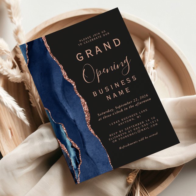 Business Grand Opening Navy Rose Gold Agate Dark Invitation (Creator Uploaded)