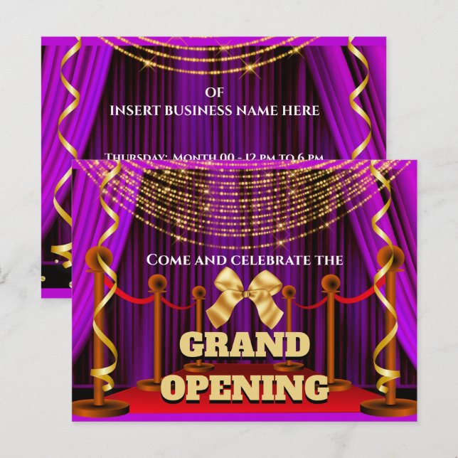 Business grand opening purple gold red VIP party  Announcement Postcard (Front/Back)