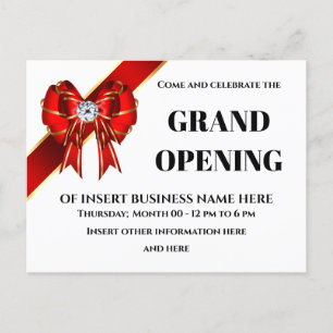Business grand opening red bow ribbon VIP guests Announcement Postcard