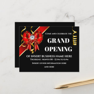 Business grand opening red gold black bow ribbon  announcement postcard