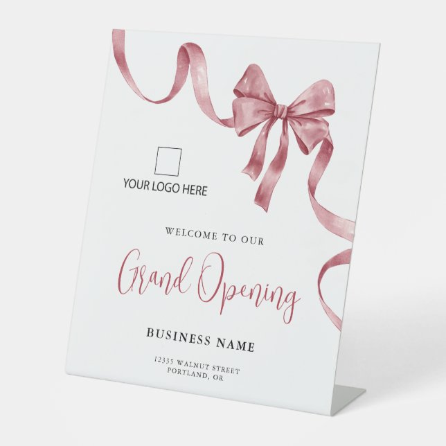 Business Grand Opening Ribbon Logo Welcome Pedestal Sign (Front)
