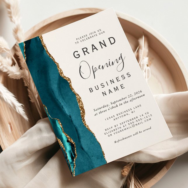 Business Grand Opening Teal Gold Agate Invitation (Creator Uploaded)