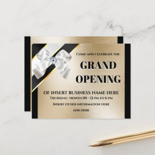 Business grand opening white bow gold black VIP Announcement Postcard