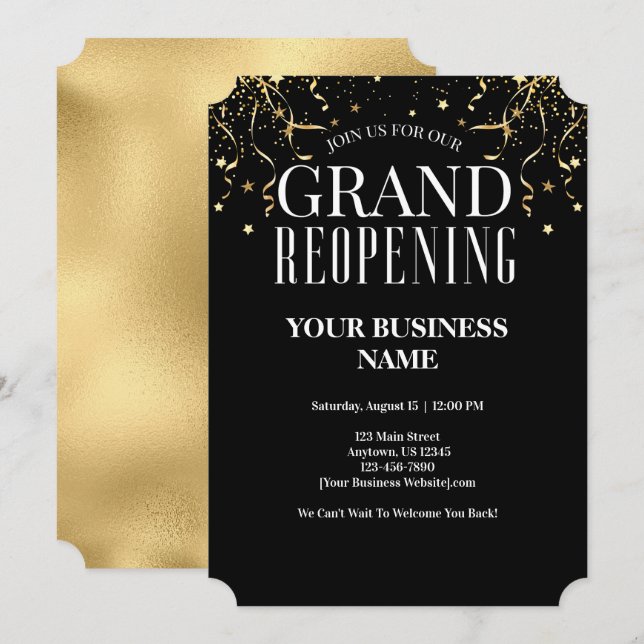 Business Grand Reopening Faux Gold Confetti Stars Invitation (Front/Back)