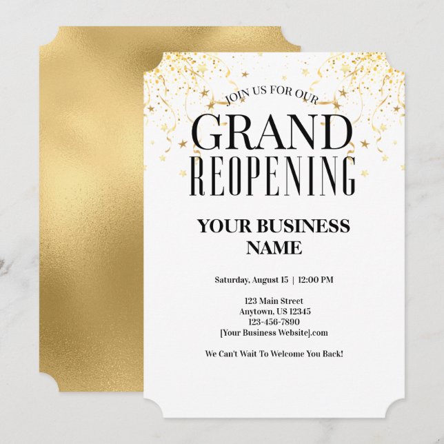 Business Grand Reopening Faux Gold Confetti Stars Invitation (Front/Back)
