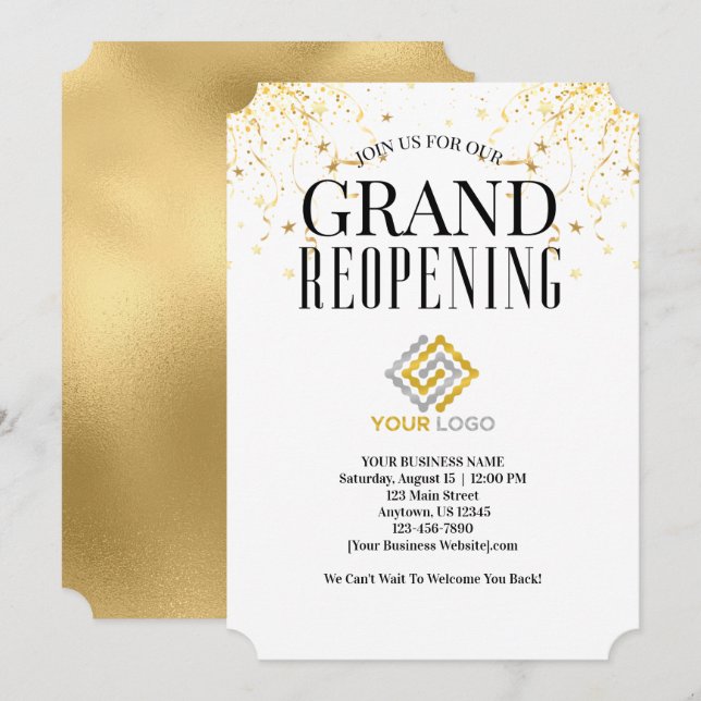 Business Grand Reopening Logo Faux Gold Confetti Invitation (Front/Back)