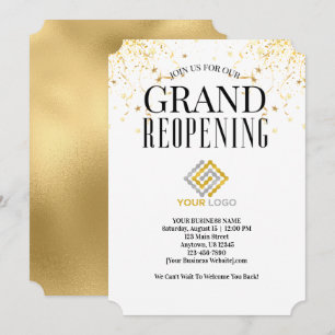 Business Grand Reopening Logo Faux Gold Confetti Invitation