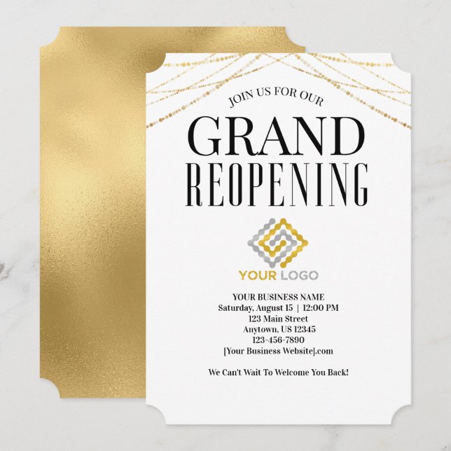 Business Grand Reopening Logo Faux Gold Invitation (Front/Back)