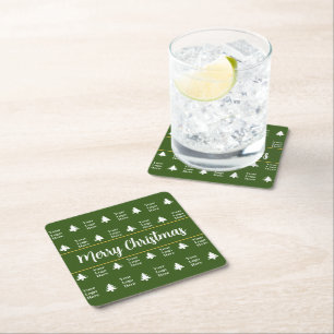 Business Green White Christmas Trees Your Logo Square Paper Coaster