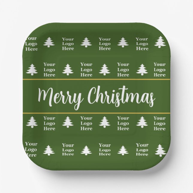Business Green White Merry Christmas Trees Logo Paper Plate (Front)