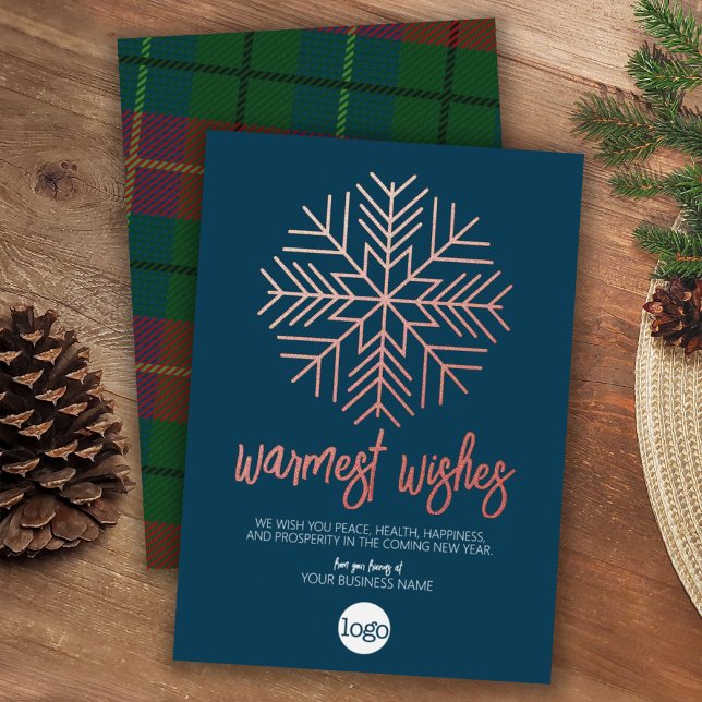 Business Greeting Blue Plaid Warmest Wishes Rose Foil Holiday Card (Creator Uploaded)