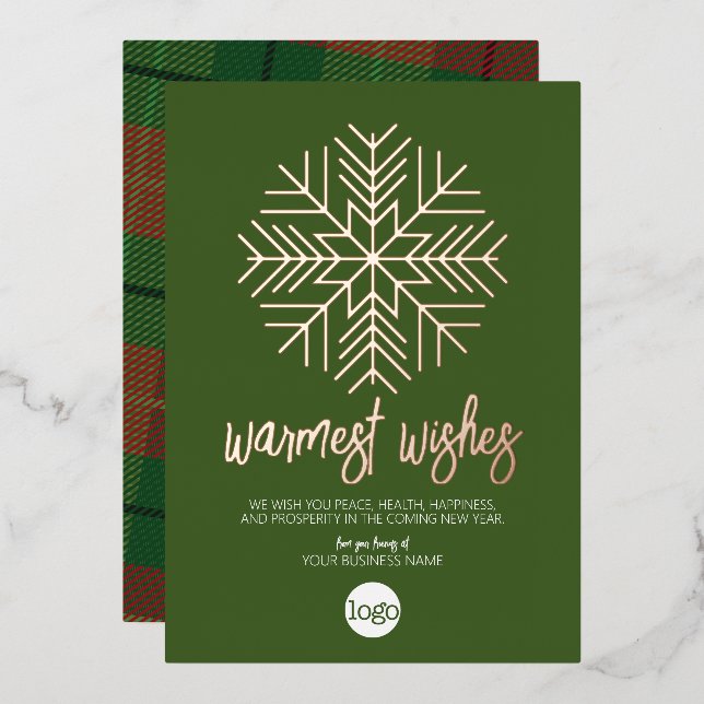Business Greeting Green Plaid Warmest Wishes Rose Foil Holiday Card (Front/Back)