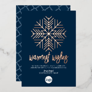 Business Greeting Navy - Warm Snowflake Rose Gold Foil Holiday Card