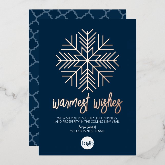 Business Greeting Navy - Warm Snowflake Rose Gold Foil Holiday Card (Front/Back)