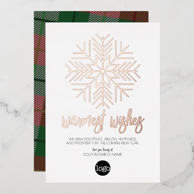 Business Greeting White Plaid Warmest Wishes Rose Foil Holiday Card (Front/Back)