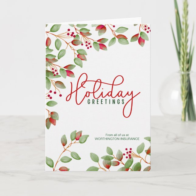 Business Greetings with Holly Leaves Custom Holiday Card (Front)