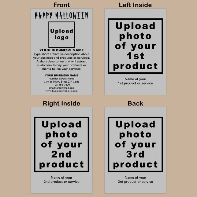 Business Halloween Grey Folded Holiday Card (Gray folded holiday card for Halloween with your business brand and products or services.)