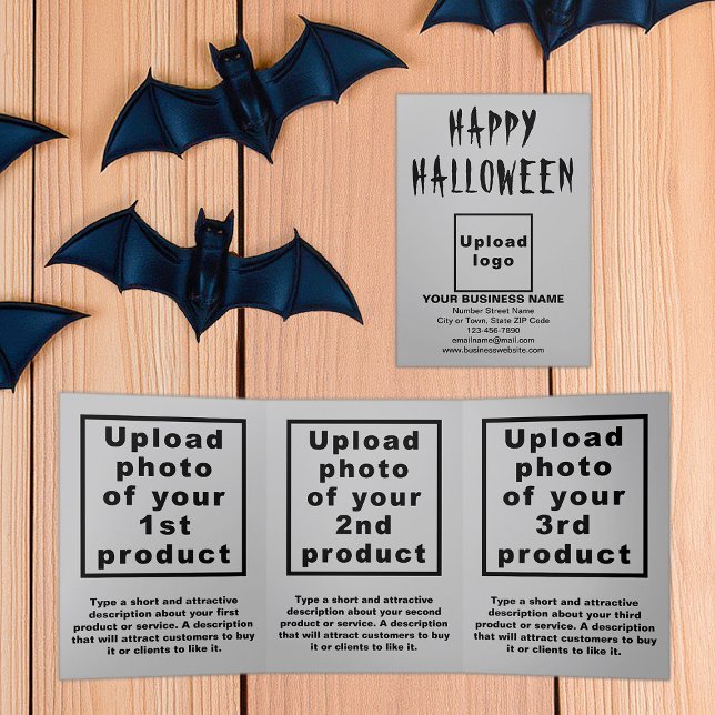 Business Halloween Grey Trifold Card (Business brand and products on gray Halloween trifold card)